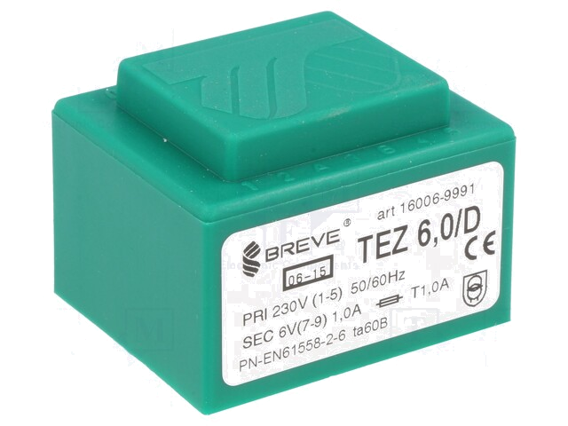Transformator: ingegoten; 6VA; 230VAC; 6V; 1A; PCB; IP00; A: 38mm Transformator: ingegoten; 6VA; 230VAC; 6V; 1A; PCB; IP00; A: 38mm